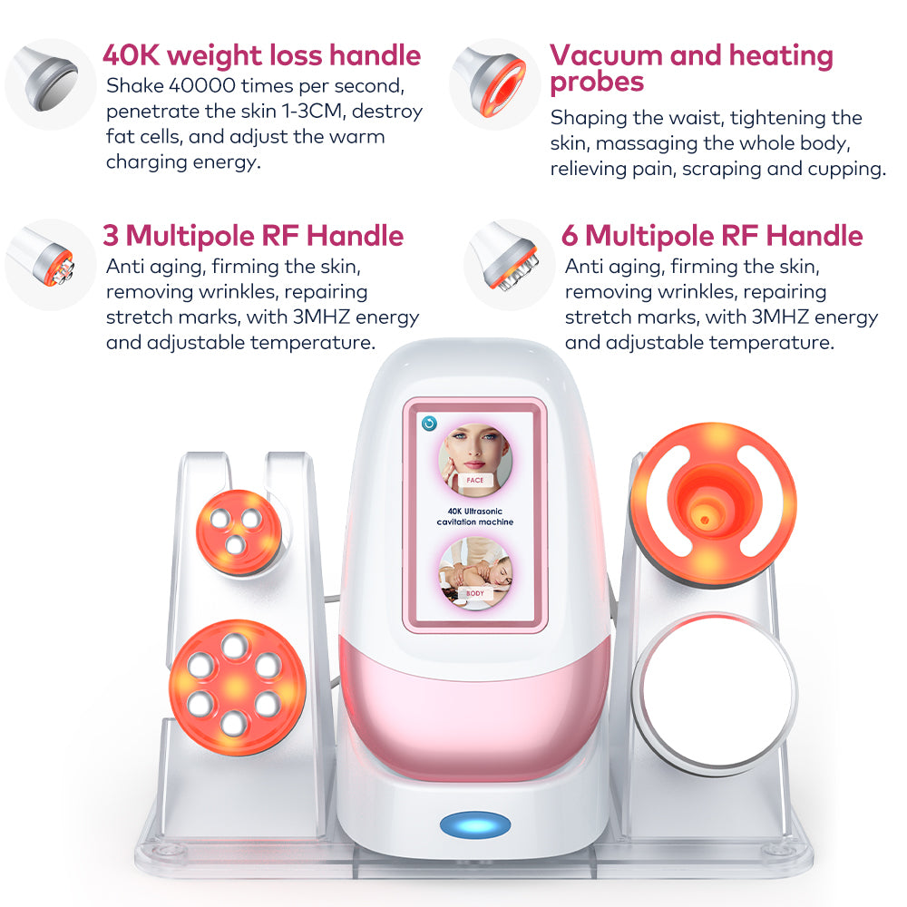 40K cavitation machine with one ultrasonic cavitation head, two RF heads, and one vacuum suction head for body treatments