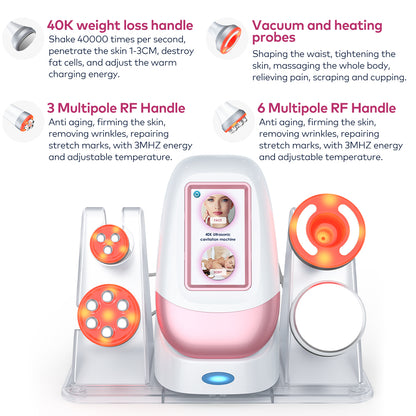 40K cavitation machine with one ultrasonic cavitation head, two RF heads, and one vacuum suction head for body treatments