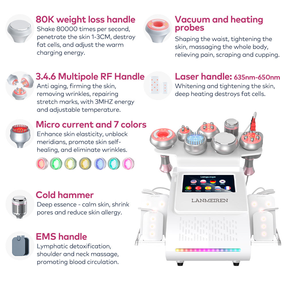 LANMEIREN 80K 9 in 1 Laser Cavitation Body Slimming Machine Vacuum Weight Loss Device Radiofrequency Wrinkle Removal for Face, Neck, Arm, Body and Leg