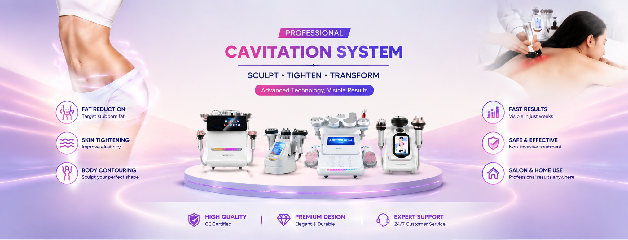 High-end cavitation machines and body slimming equipment for professional beauty salons and home use, featuring fat reduction and skin tightening technology