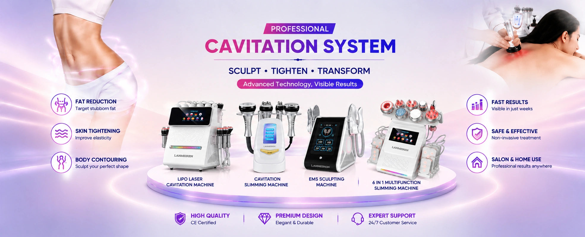 High-end cavitation machines and body slimming equipment for professional beauty salons and home use, featuring fat reduction and skin tightening technology