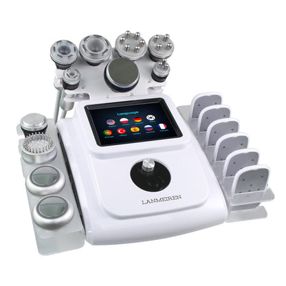 Woman using LANMEIREN 80K cavitation machine for belly fat reduction and cellulite treatment