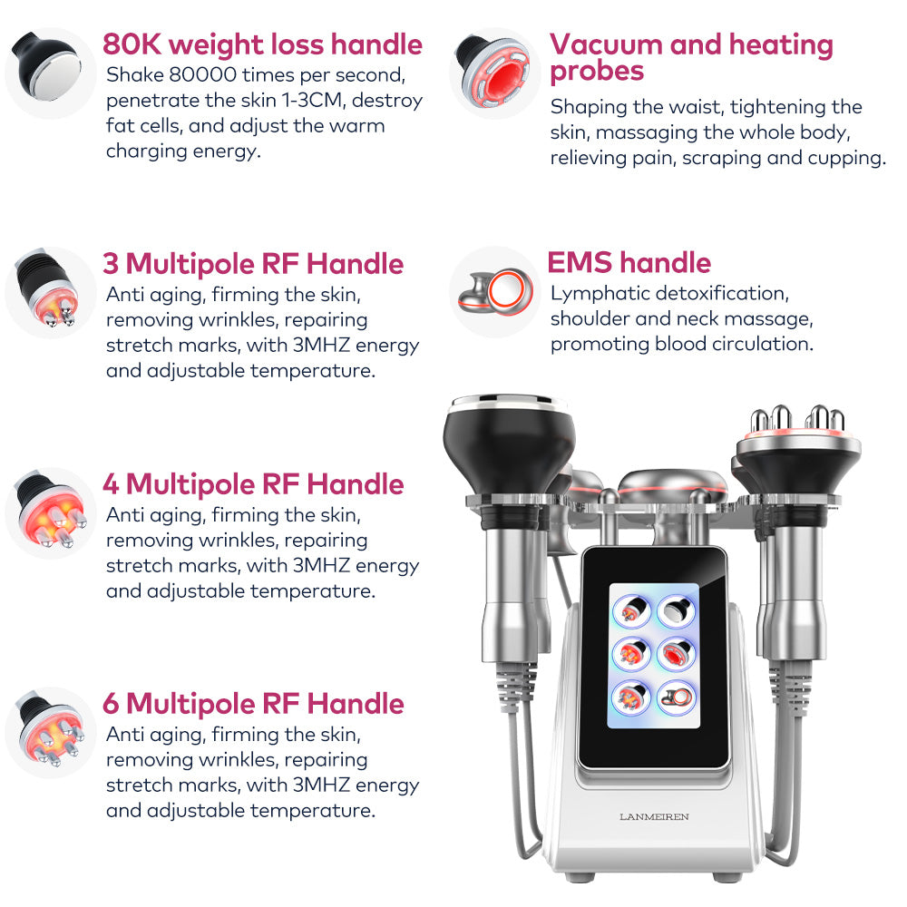 LANMEIREN 6in1 80k RF Ultrasonic Vacuum Cavitation System for Fat Burning Body Slimming Sculpting, with EMS Pads