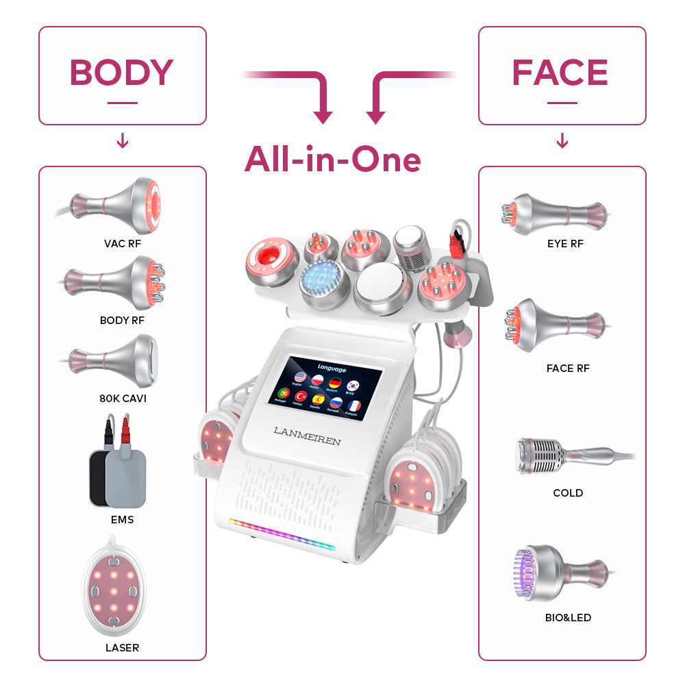 LANMEIREN 9 in 1 EMS 80K Cavitation body slimming device Radio Frequency Face Lifting, Weight Loss at Home or Beauty Salon SPA