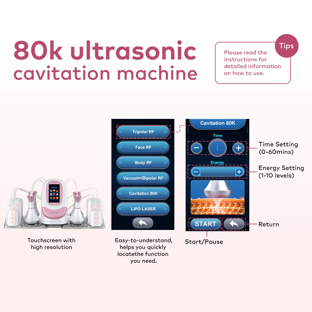 LANMEIREN 80K Cavitation Machine 6in1  Radiofrequency, with laser Pads, Ultrasonic Body Slimming System, Fat Burning Cellulite Body Massager