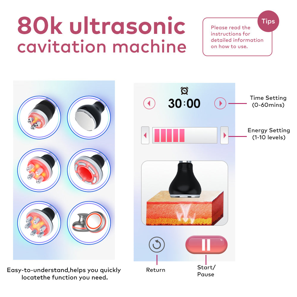 LANMEIREN 6in1 80k RF Ultrasonic Vacuum Cavitation System for Fat Burning Body Slimming Sculpting, with EMS Pads